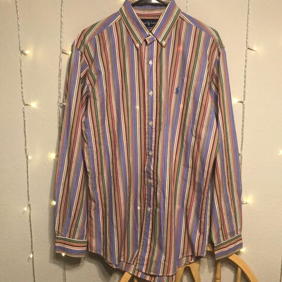 Ralph Lauren Mens Custom Fit Striped Multi Colored Dress Shirt - Picture 1 of 5